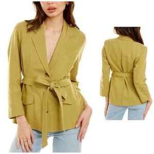 DANNIJO Olive Green Linen Button Up Tie Waist Relaxed Blazer Jacket Large